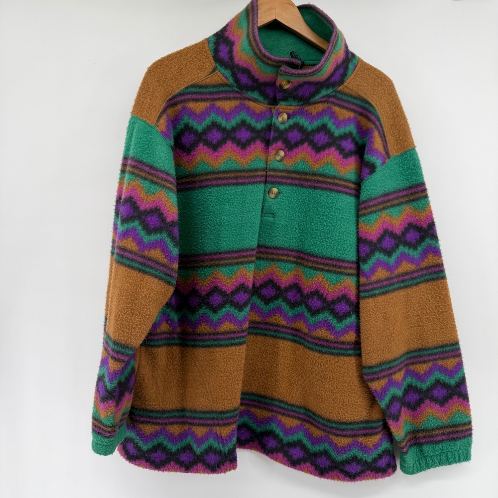 Vintage GreatLand Fleece Pullover Mens Medium Southwestern Geometric Green Brown